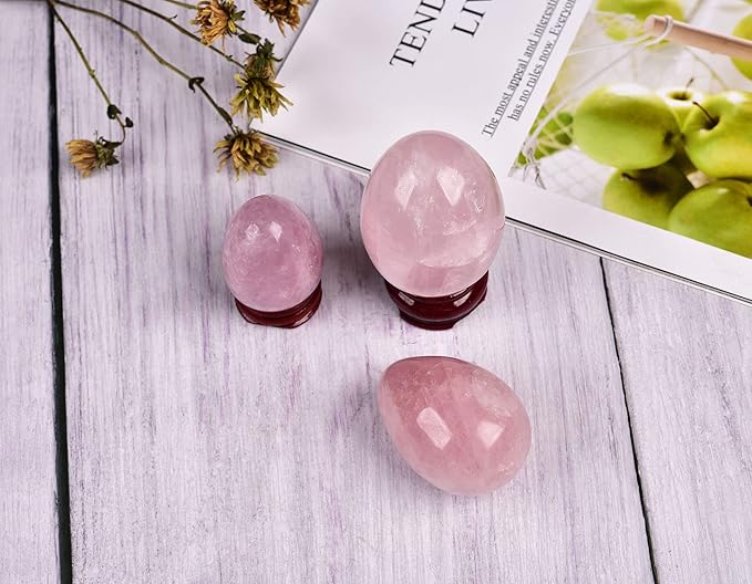 AMOYSTONE Decorative Rose Quartz Egg Sphere Carved with Base Healing Crystal Home Decors Easter Egg Height 2.3-2.5"