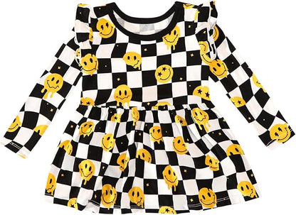 Baby Girl Bodysuit Dress- Viscose Made from Bamboo, Long Sleeve Flutter Skater Dress with Bodysuit Infant Outfit