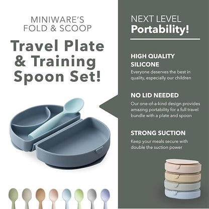 Miniware Fold & Scoop Baby Feeding Set - Silicone Travel Baby Plate with Suction & Baby Spoon - Compact, Portable, Dishwasher-Safe, Suction Base for Mess-Free Eating (Aquamarine and Aqua)