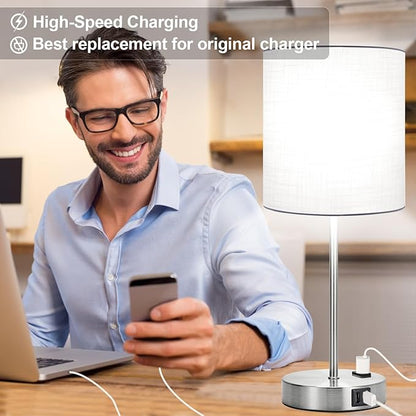 Lynnoland Set of 2 Touch White Table Lamps with 2 USB Ports & AC Outlet, 3-Way Dimmable Bedside Nightstand Lamps for Bedroom Living Room Nursery, 800 Lumens 5000K Daylight Bulbs Included
