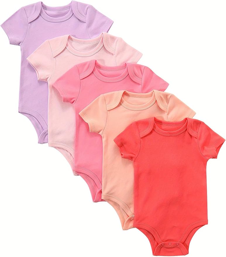5-Pack Newborn Infant Unisex Short Sleeve Baby Bodysuits,Comfortable 100% Cotton Candy Color Rompers