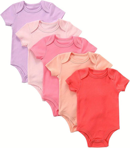 5-Pack Newborn Infant Unisex Short Sleeve Baby Bodysuits,Comfortable 100% Cotton Candy Color Rompers