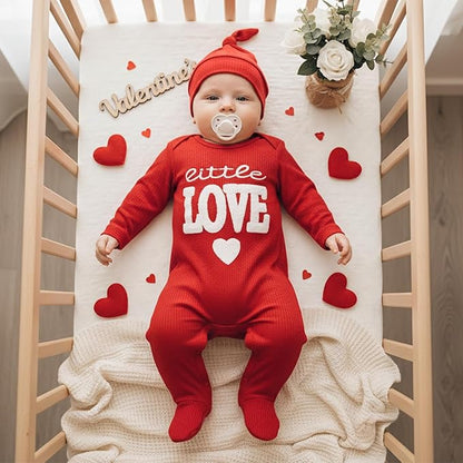Baby Valentines Outfit Girl Boys Long Sleeve Footie Rib Onesie knot Hat Spring Clothes Newborn Outfits Infant Set