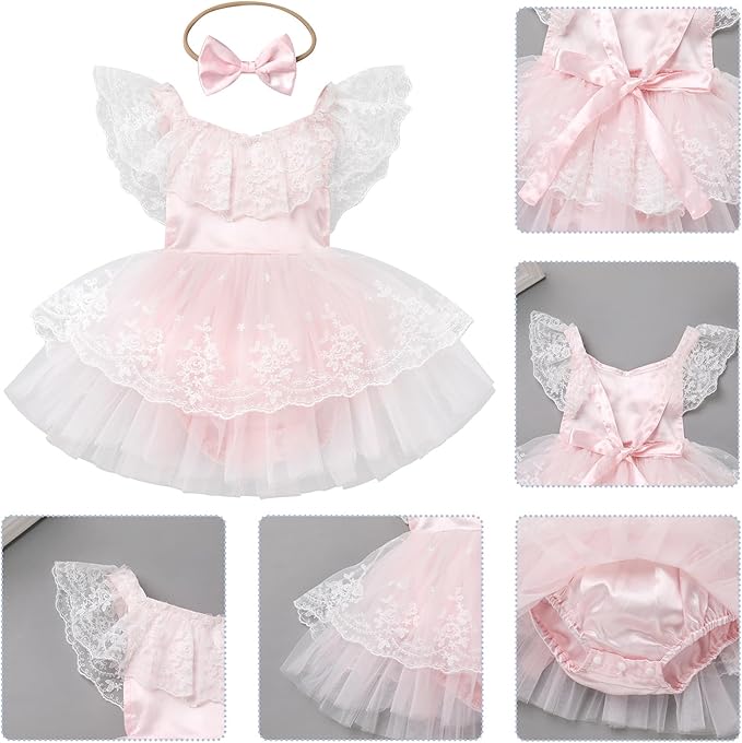 FYMNSI Infant Baby Girl 1st Birthday Outfit Floral Lace Tulle Romper Tutu Dress Headband 2PCS Bodysuit Princess Summer Clothe