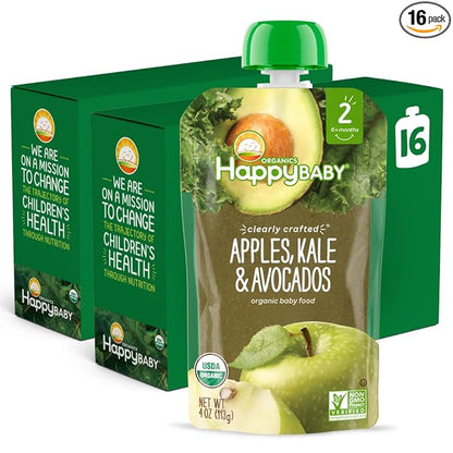 Happy Baby Organics Stage 2 Baby Food Pouches, Gluten Free, Vegan & Healthy Snack, Clearly Crafted Fruit & Veggie Puree, Apples, Kale & Avocados, 4 Ounces (Pack of 16)