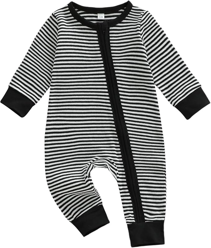 Karuedoo Newborn Infant Baby Boy Clothes Striped Waffle Long Sleeve Zipper Romper Jumpsuit One-Piece Fall Winter Outfit