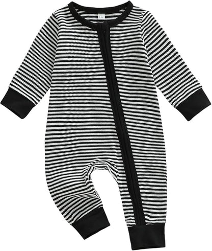 Karuedoo Newborn Infant Baby Boy Clothes Striped Waffle Long Sleeve Zipper Romper Jumpsuit One-Piece Fall Winter Outfit