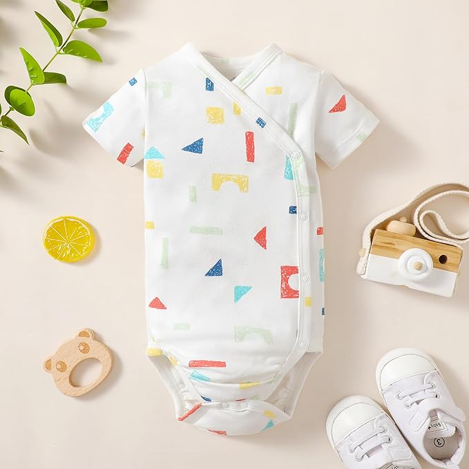DEFAHN Baby Side Snap Bodysuit Kimono Onsies Newborn Boy Girl 3-Pack 100% Cotton Basic Pattern Kimono Bodysuits