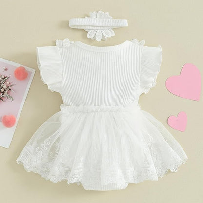 Infant Baby Girl Lace Romper Baby Tulle Dress Romper Flowers Bodysuit Spring Summer Festival Clothes with Headband