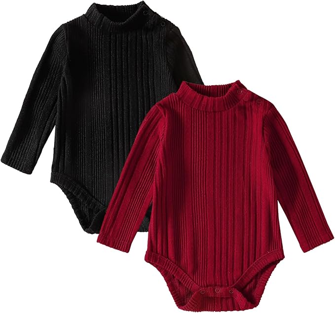 DEFAHN Baby Turtleneck Bodysuit Long Sleeve Boy Girl Ribbed Knit Jumpsuit Outfit 2 Pack Baby Solid Onsies 0-24 Months