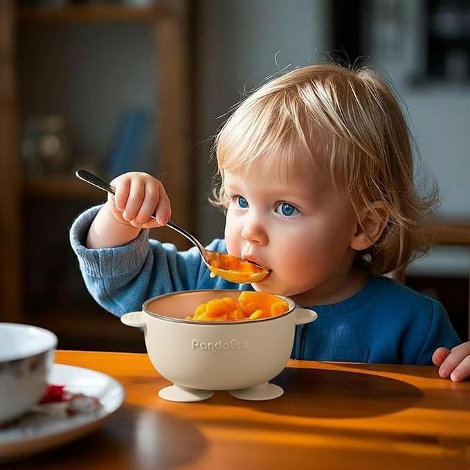 PandaEar 3 Pack Stainless Steel Baby Suction Bowls, Non-Slip Child Food Bowl with Silicone Sleeve for Kids Toddlers Infants, Unbreakable & Mess Free (Blue Green Brown)