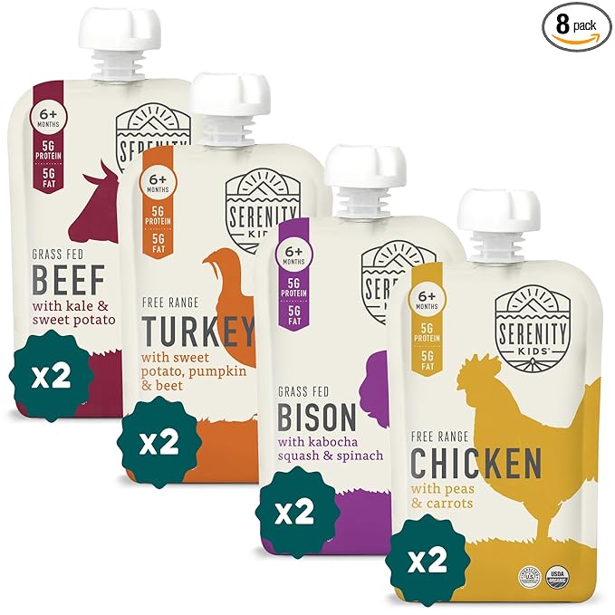 Serenity Kids 6+ Months Baby Food Pouches - Nutrient-Packed Meat Puree with 5g Protein - Organic Baby Food with Ethically Sourced Meat & Veggies - Convenient On-the-Go Toddler Snacks - 3.5 Oz, 8 Pack