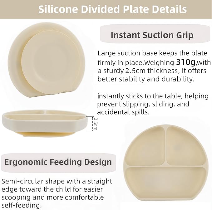 Personalized Name Food Grade 6pcs Baby Feeding Set with Spoon, Fork,Silicone Suction Bowls,Cup,Plate,and bib BPA Free - First Stage Self Feed (Color Khaki Y24)