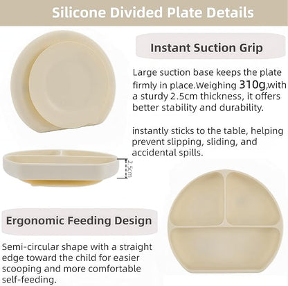 Personalized Name Food Grade 6pcs Baby Feeding Set with Spoon, Fork,Silicone Suction Bowls,Cup,Plate,and bib BPA Free - First Stage Self Feed (Color Khaki Y24)