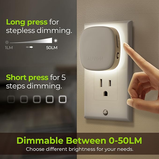 AUVON Plug-in LED Backlit Night Light with Motion Sensor & Dusk to Dawn Sensor, Dimmable Cool White Nightlight with 1-50 lm Adjustable Brightness for Bedroom, Bathroom, Stairs, Hallway (4 Pack)