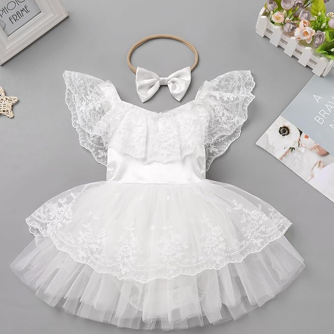 FYMNSI Infant Baby Girl 1st Birthday Outfit Floral Lace Tulle Romper Tutu Dress Headband 2PCS Bodysuit Princess Summer Clothe