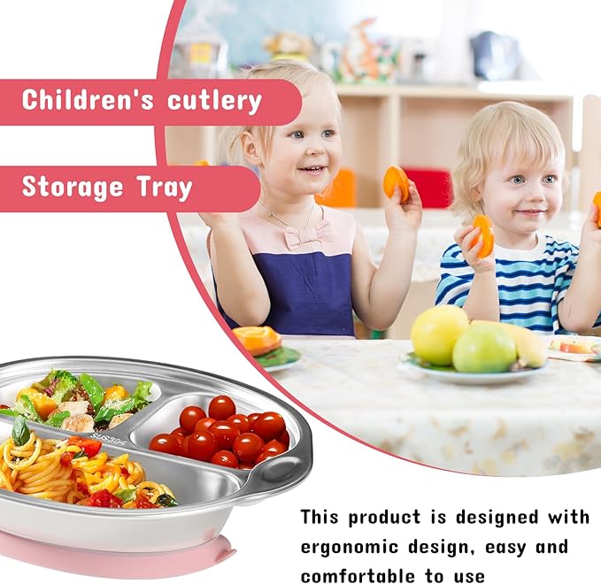 Stainless Steel Baby Suction Plates: Divided Plates for Babies and Toddlers, Made of 100% Food-Grade Materials Ideal for Baby-Led Weaning BPA-Free Toddler Feeding Dishwasher Safe PINK