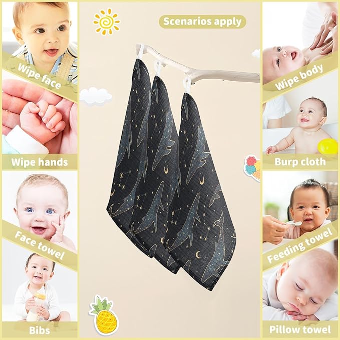 vvfelixl Baby Muslin Washcloths Celestial Constellation Whale Baby Burp Cloths Cotton Baby Face Towel for Newborn Infants Boys Girls Soft and Absorbent 11.8 X 11.8 in, 3 Pack