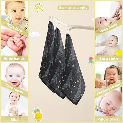 vvfelixl Baby Muslin Washcloths Celestial Constellation Whale Baby Burp Cloths Cotton Baby Face Towel for Newborn Infants Boys Girls Soft and Absorbent 11.8 X 11.8 in, 3 Pack