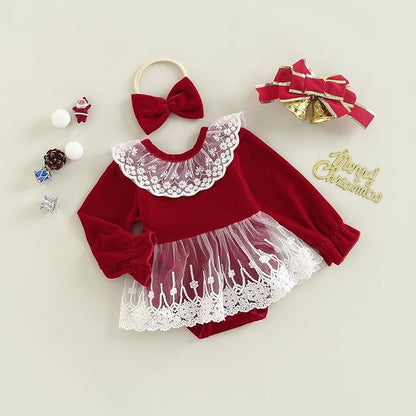 Hnyenmcko Newborn Baby Girl Christmas Clothes Infant Red Plaid Romper Dress Ruffle Long Sleeve Ribbed Bodysuit Headband Set
