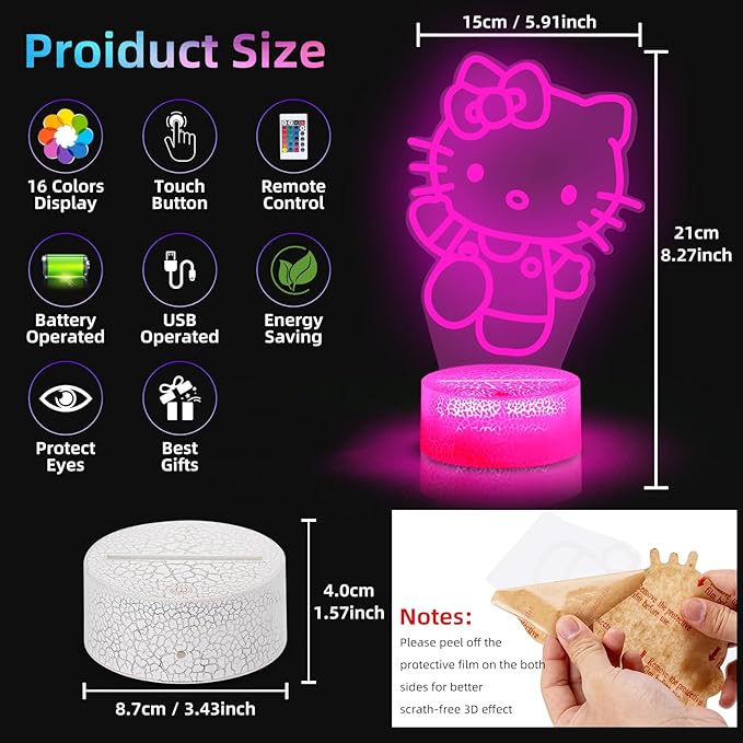Kitty Night Light, 3D LED 16 Color Intelligent Remote Control Lamp for Christmas Gifts Children's Room Decoration Holiday Gifts