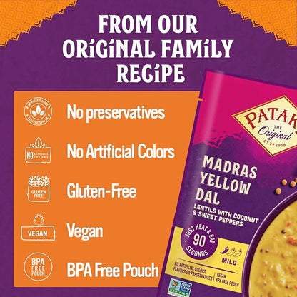Patak’s Madras Yellow Dal - Savory Yellow Lentils in Creamy Coconut Milk w/Sweet Peppers & Spices - Vegan Microwaveable Meal for Quick Lunches or Dinners - Serve w/Rice or Naan - 10.05oz (Pack of 6)