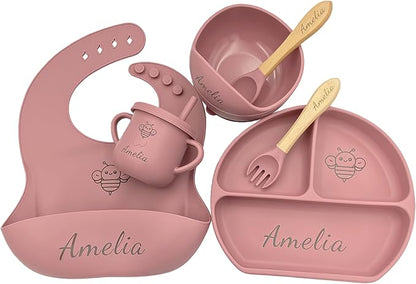 Personalized Name Food Grade 6pcs Baby Feeding Set with Spoon, Fork,Silicone Suction Bowls,Cup,Plate,and bib BPA Free - First Stage Self Feed (Color Muted Deep Pink Y19)