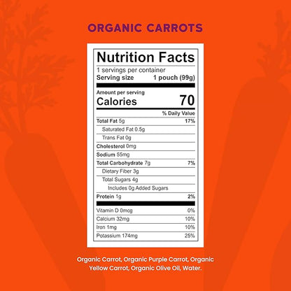 Serenity Kids 6+ USDA Months Organic Carrot Veggie Puree Baby Food Pouches - 3.5 oz Pack of 12 - Organic, BPA-Free & Allergen Free Baby Snacks - No Sugary Fruits & No Added Sugar - 3.5 Oz, 12 Pack