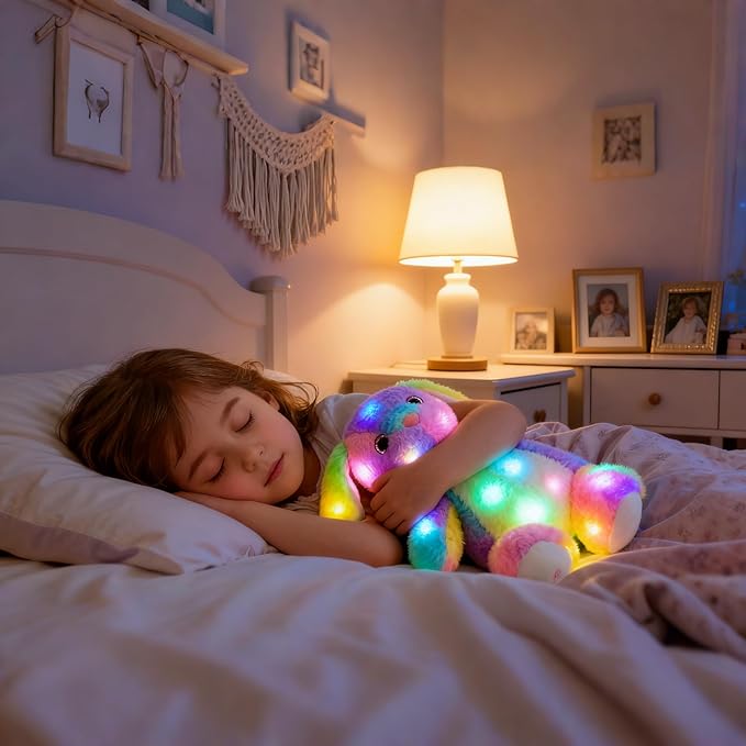 Hopearl LED Plush Bunny Colorful Lighting Up Stuffed Animal Rabbit Floppy Night Lights Glow in The Dark Birthday Festival for Kids Toddler Girls, Rainbow, 10''