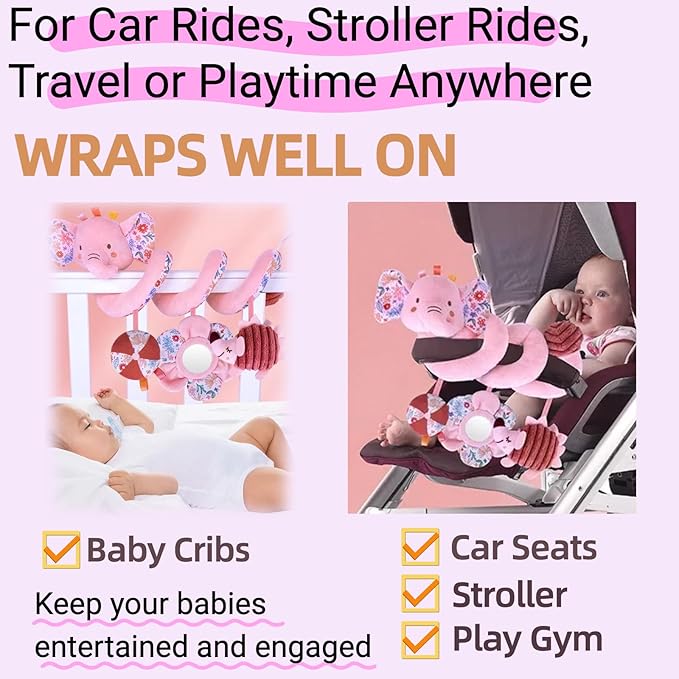 Infant Toys 0-6-12 Months Spiral Car Seat Toy, Baby Stroller Hanging Rattle Stuffed Animal for Babies 0-3-4-5-7 Christmas Newborn Boy Girl Gifts Stocking Stuffers Mirror Crinkle Elephant 3PCS