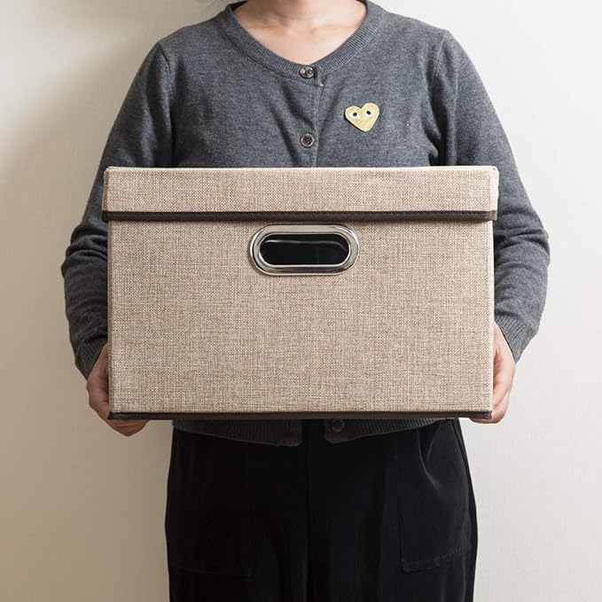 PRANDOM Collapsible Storage Containers with Lids [5-Pack] Jute Fabric Foldable Storage Bins Boxes Organizer Baskets Cube with Cover for Home Bedroom Closet Office Nursery (14.9x9.8x9.8)