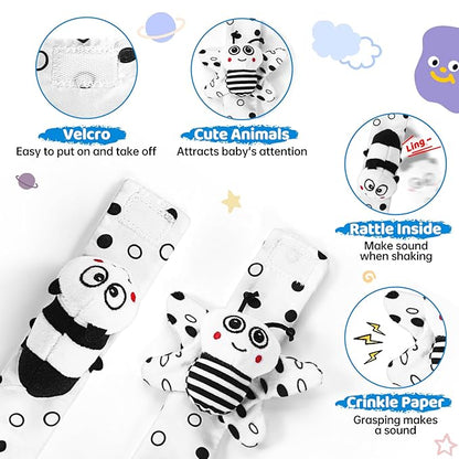 Baby Rattle Socks & Wrist Toys for Newborns, 0-12 Months, High Contrast Black & White Toys for Brain Development, Infant Gift Boy and Girl