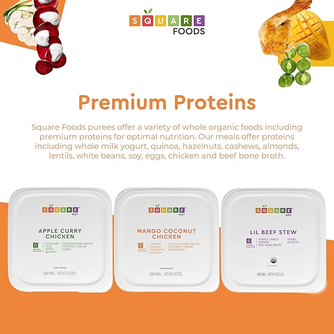 Square Food Organic Baby Food Purees | Soft Food Sampler Pack | Fresh & Dietitian-Designed Veggie-Forward, Balanced Meals | Low Sugar. No Added Sugar | Allergen Intro Options (7 Pack, 4 oz)