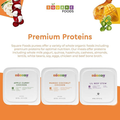 Square Food Organic Baby Food Purees | Soft Food Sampler Pack | Fresh & Dietitian-Designed Veggie-Forward, Balanced Meals | Low Sugar. No Added Sugar | Allergen Intro Options (7 Pack, 4 oz)