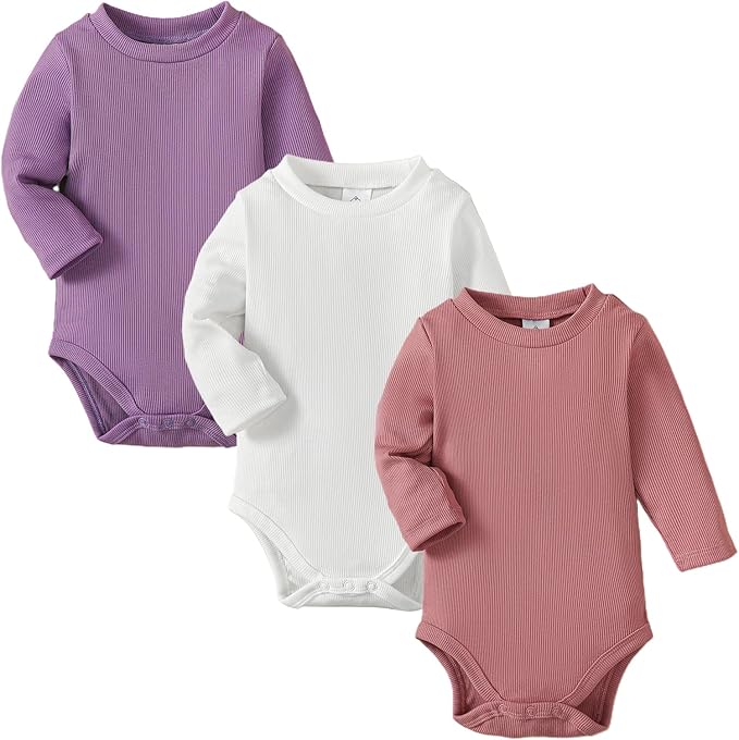 OPAWO Long Sleeve Onsies for Baby Girls' Bodysuits Newborn 3 Pack Infant Ribbed Fall Baby Girl Romper Undershirt