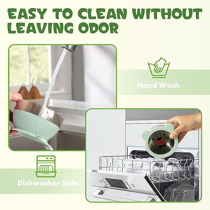 MR. CHOU Baby Suction Bowl Set with Spoon & Fork, Insulated Double-Layer 18/8 Stainless Steel Toddler Bowls with Silicone Suction Cup & BPA Free Airtight Lids, Green