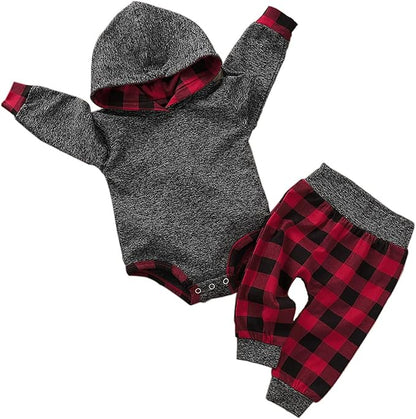 Newborn Baby Boy Clothes Fall Winter Infant Outfits Long Sleeve Hoodie Romper + Red Plaid Pants Set