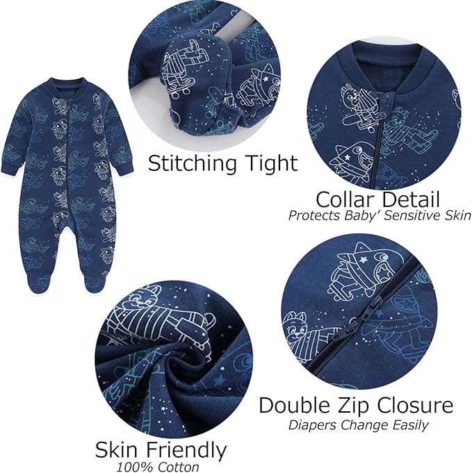 Newborn Baby One-Piece Footies Romper 2-Way Zip Cotton Bodysuit Long-Sleeve Jumsuit 4-Pack, 0-12 Months