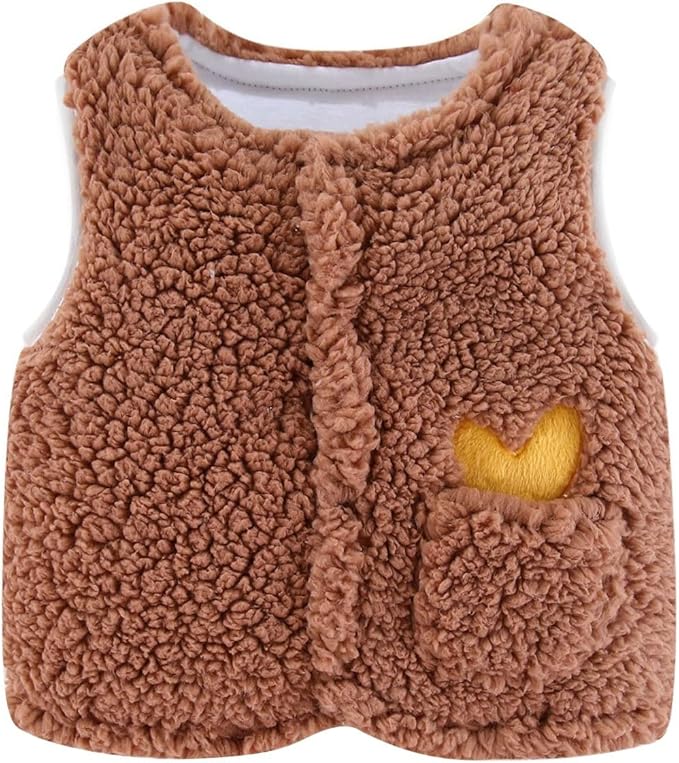 Baby Infant Sherpa Fleece Vest Boys Girls Cute Heart Graphic Warm Sleeveless Jacket Soft Fuzzy Outerwear with Pockets