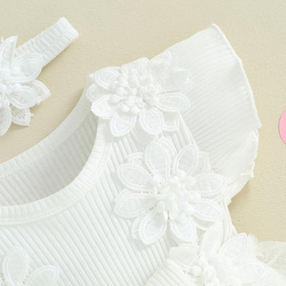 Infant Baby Girl Lace Romper Baby Tulle Dress Romper Flowers Bodysuit Spring Summer Festival Clothes with Headband