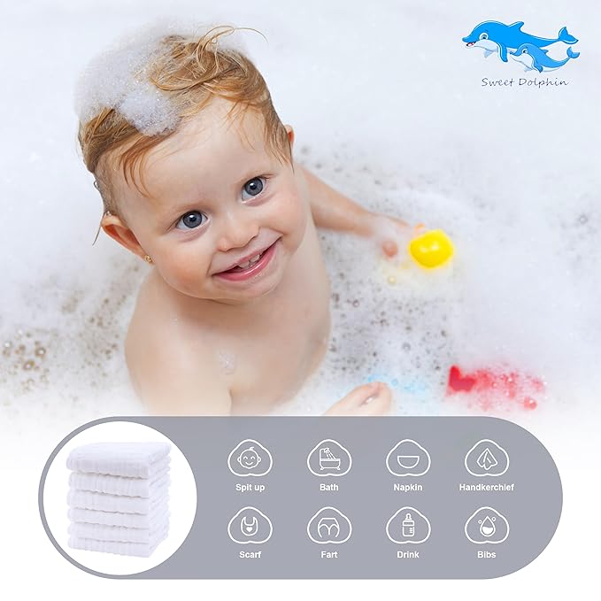 SWEET DOLPHIN 12 Pack Baby Muslin Washcloths - Soft Face Cloths for Newborn, Absorbent Bath Wash Cloths, Wipes, Burp Rag - Toddlers Essentials Stuff, Baby Registry as Shower -10"x10", White