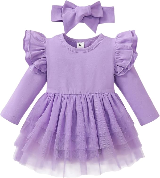 Baby Girl Clothes Infant Ruffle Sleeve Romper Dress Newborn Solid Tutu Skirt Sets Jumpsuit Headband Outfit
