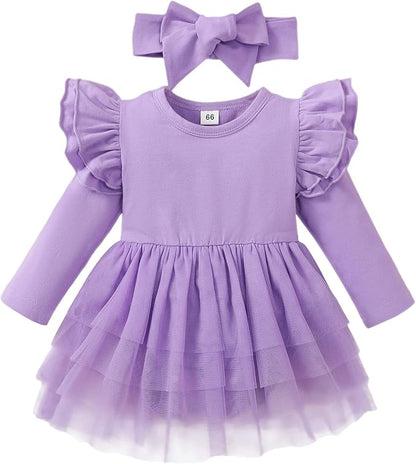 Baby Girl Clothes Infant Ruffle Sleeve Romper Dress Newborn Solid Tutu Skirt Sets Jumpsuit Headband Outfit