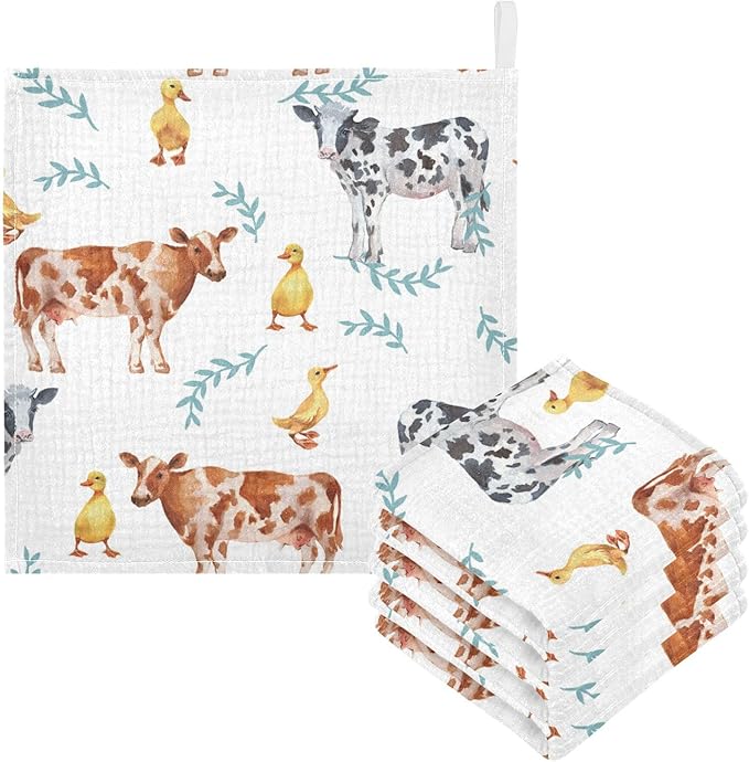 vvfelixl Baby Muslin Washcloths Farm Animals Cows Duckling Baby Burp Cloths Cotton Baby Face Towel for Newborn Infants Boys Girls Soft and Absorbent 11.8 X 11.8 in, 3 Pack