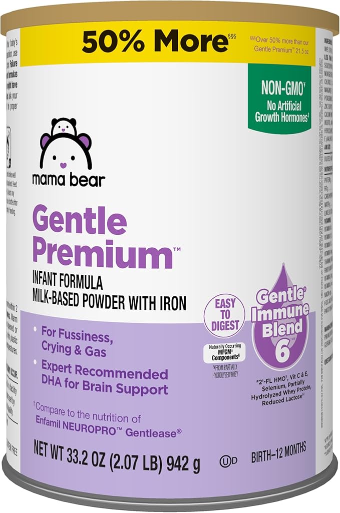 Amazon Brand - Mama Bear Gentle Premium Baby Formula Powder, DHA for Brain Support, Immune Blend 6, 2'FL HMO, For Fusiness, Crying & Gas, 33.2 Ounce (Pack of 1)