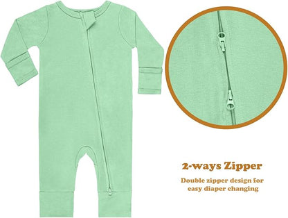 GUISBY Long Sleeve Cotton Pajamas Footless Baby Bodysuits with Zipper and Mittens 3-Pack for Boys Girls