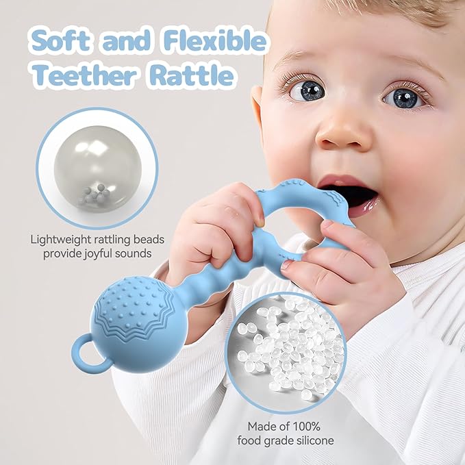 Teethers for Babies 6-12 Months, Rattles for Babies 0-6 Months, 2-in-1 Rattle and Teether Toy for Soothing Sore Gums and Keeps Little Ones Entertained, Food Grade Silicone, Blue
