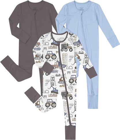 Jimonda Bamboo Baby Boys Romper Fold-Over Footies and Mitten Pajamas Long Sleeve Sleeper Girl Footless Clothes 3-Packs
