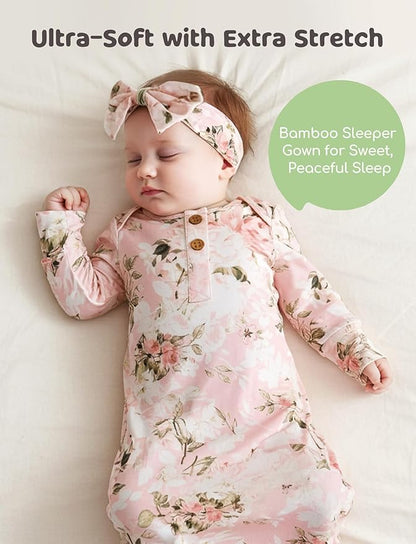 PATPAT Baby Sleeper Gown with Bamboo Viscose for Newborn Girls Boys, Knotted Nightgown with Mittens for Infant Home Coming