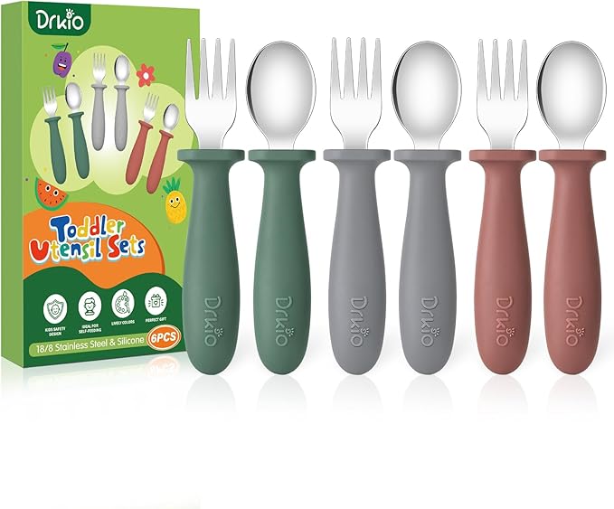 DRKIO 6 Pieces Toddler Utensils Set - Kids Silverware Set with Silicone Handle Children Safe 18/8 Stainless Steel Forks and Spoons Anti-Choke Design Food Grade Dishwasher Safe